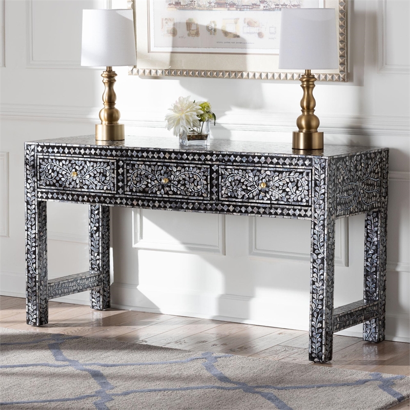 Bowery Hill Black and White Capiz Shell 3-Drawer Console Table