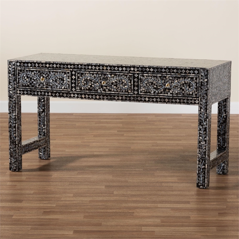 Bowery Hill Black and White Capiz Shell 3-Drawer Console Table