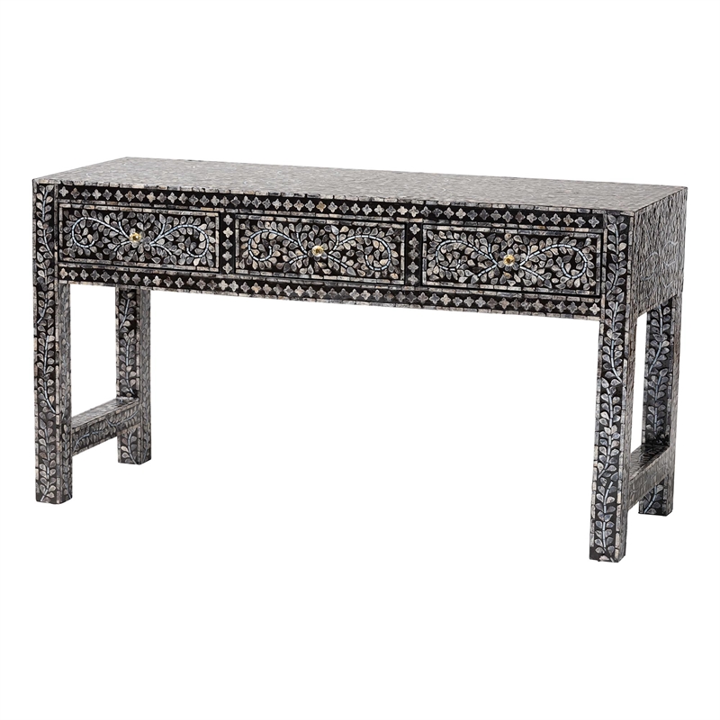 Bowery Hill Black and White Capiz Shell 3-Drawer Console Table