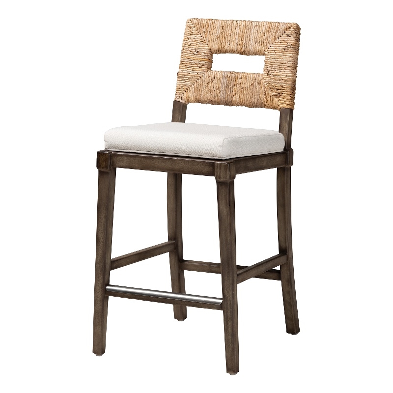 Bowery Hill Dark Brown Mahogany Wood and Natural Rattan Counter Stool