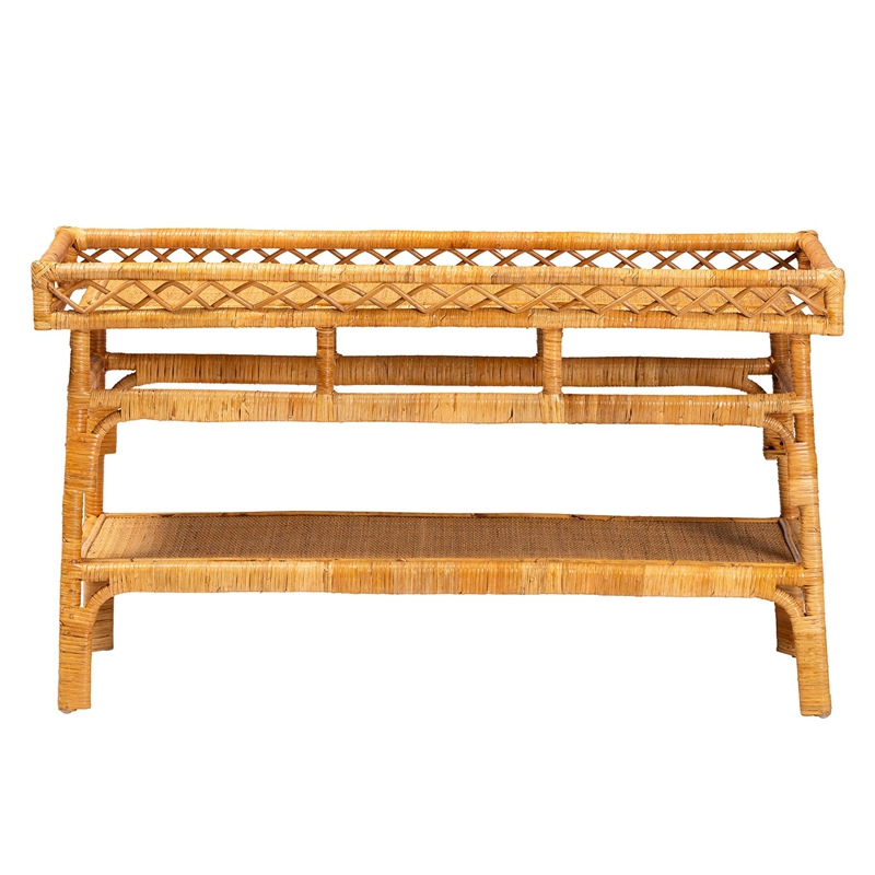 Bowery Hill Modern Bohemian Natural Rattan 2-Tier Console Table