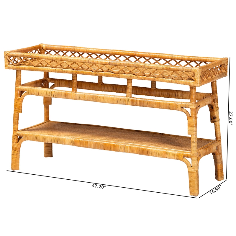 Bowery Hill Modern Bohemian Natural Rattan 2-Tier Console Table