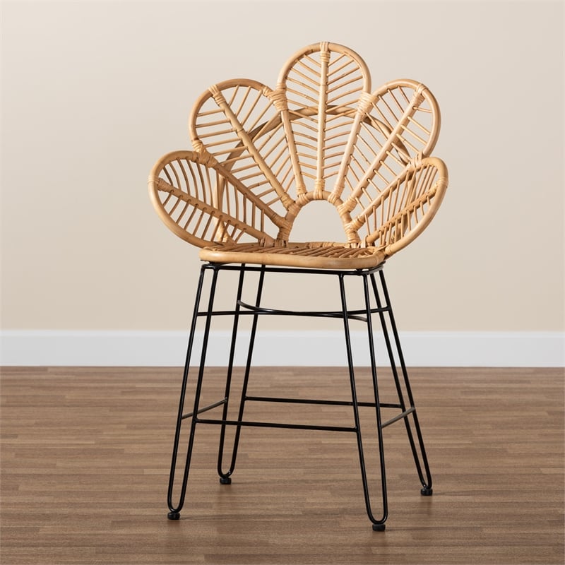 Bowery Hill Natural Brown Rattan and Black Metal Counter Stool