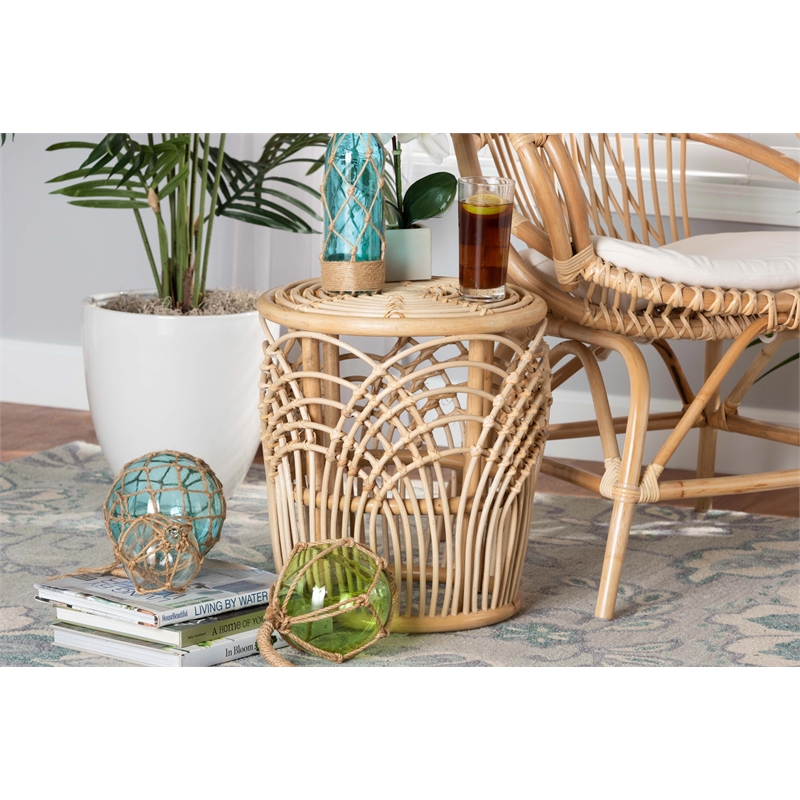 Bowery Hill Modern Bohemian Natural Brown Finished Rattan End Table