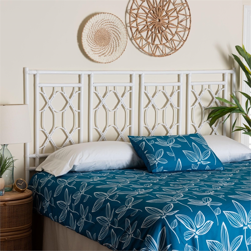 Bowery Hill Bohemian White Rattan King Size Standalone Headboard