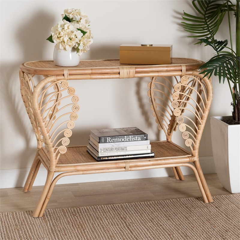 Bowery Hill Modern Bohemian Natural Brown Rattan 2-Tier Console Table