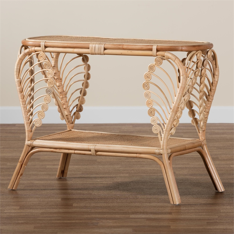Bowery Hill Modern Bohemian Natural Brown Rattan 2-Tier Console Table