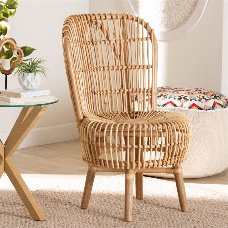 Bowery Hill Rattan Lounge Chair with Curved Backrest in Brown