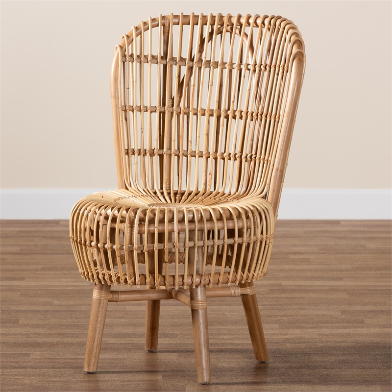 Bowery Hill Rattan Lounge Chair with Curved Backrest in Brown