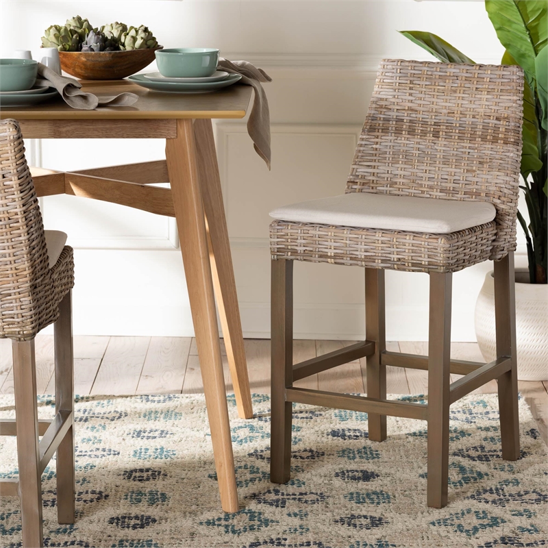 Bowery Hill Gray Rattan and Rustic Taupe Mahogany Wood Counter Stool