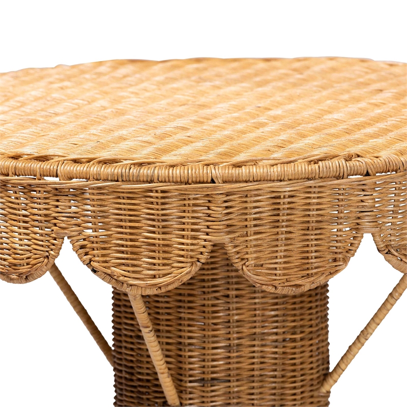 Bowery Hill Bohemian Light Honey Rattan Scalloped Accent Table