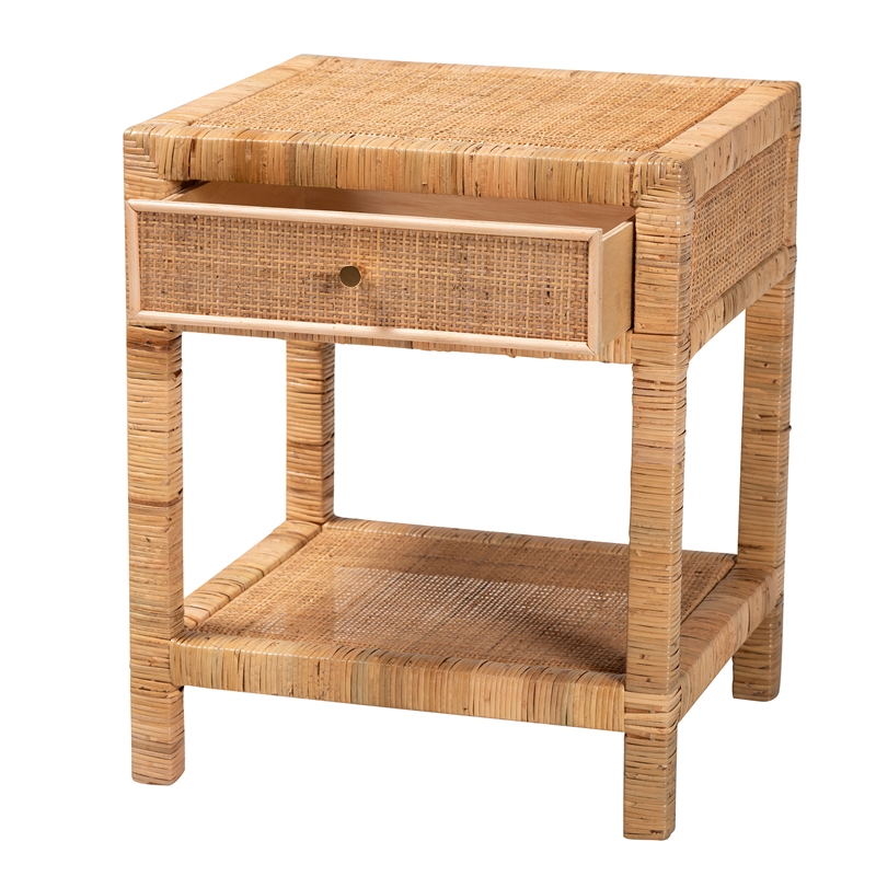 Bowery Hill Natural Rattan and Mahogany Wood 1-Drawer Nightstand