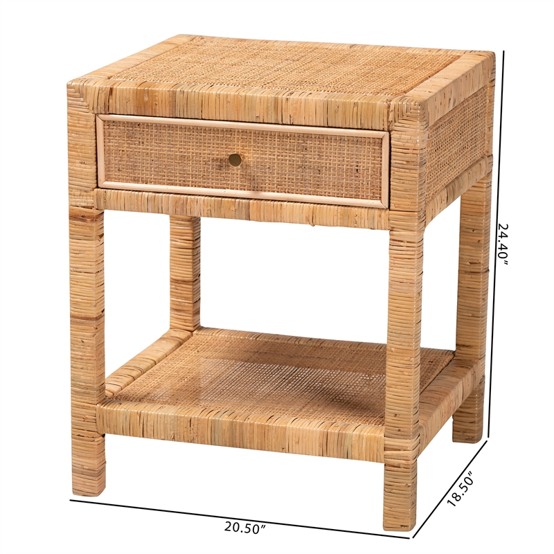 Bowery Hill Natural Rattan and Mahogany Wood 1-Drawer Nightstand