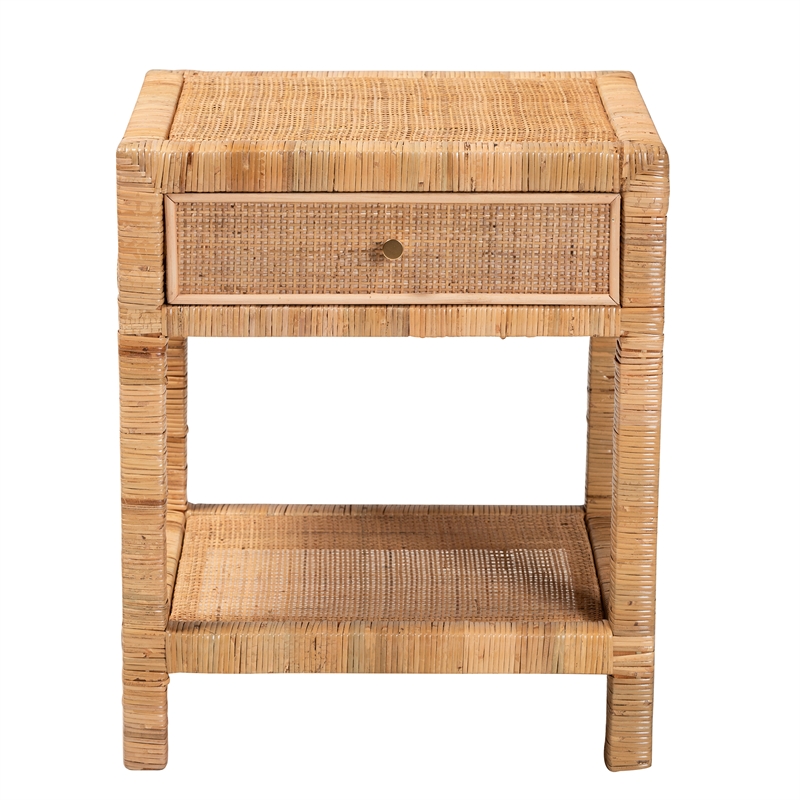 Bowery Hill Natural Rattan and Mahogany Wood 1-Drawer Nightstand