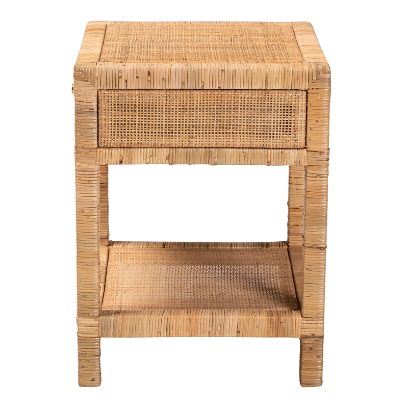 Bowery Hill Natural Rattan and Mahogany Wood 1-Drawer Nightstand