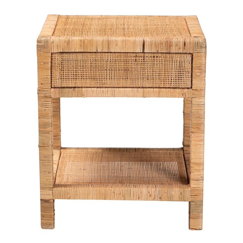 Bowery Hill Natural Rattan and Mahogany Wood 1-Drawer Nightstand