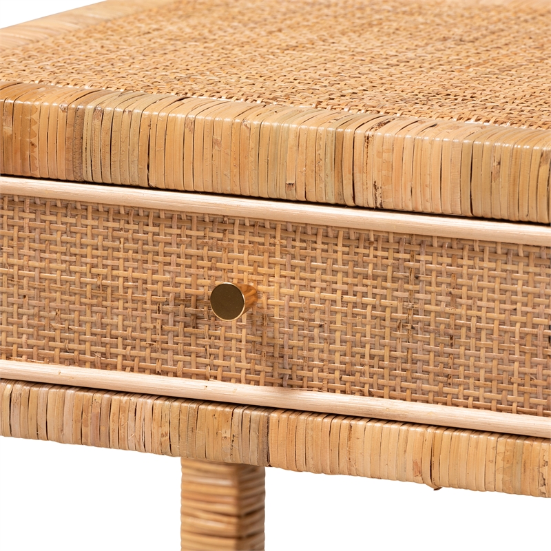 Bowery Hill Natural Rattan and Mahogany Wood 1-Drawer Nightstand
