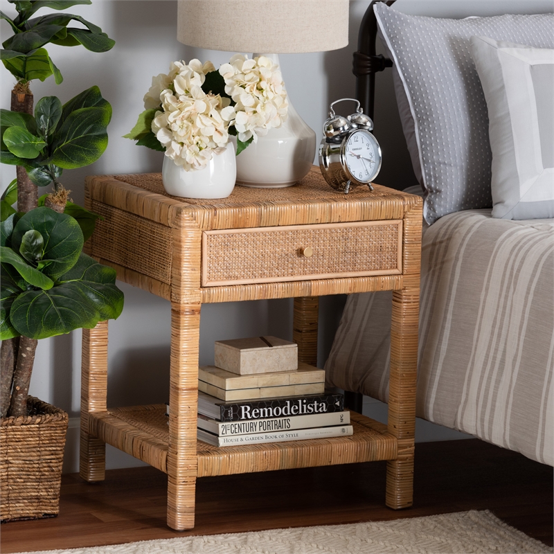 Bowery Hill Natural Rattan and Mahogany Wood 1-Drawer Nightstand