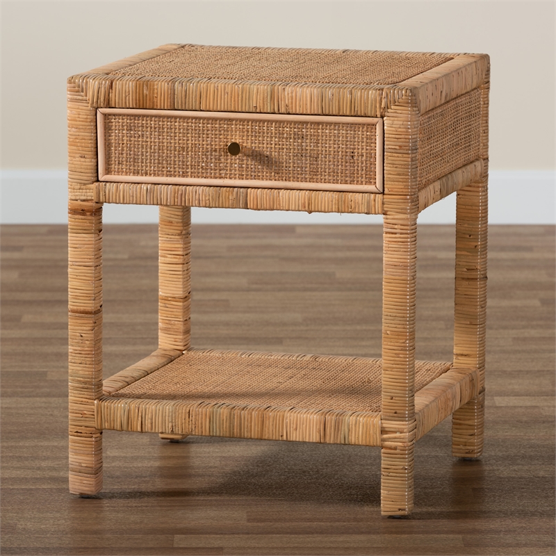 Bowery Hill Natural Rattan and Mahogany Wood 1-Drawer Nightstand