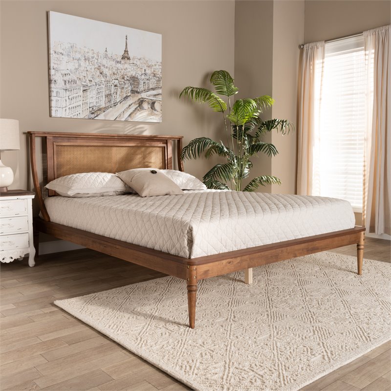 Bowery Hill Brown Finished Wood and Rattan Queen Size Platform Bed