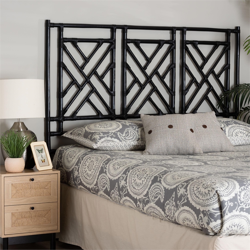 Bowery Hill Natural Rattan Black Headboard King Geometric Openwork Fully Assembled