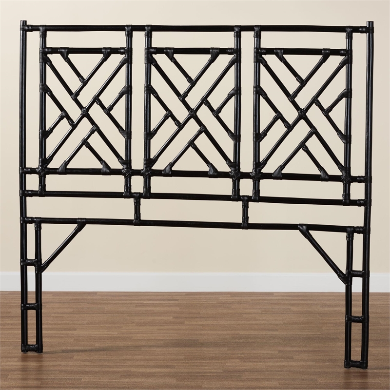 Bowery Hill Natural Rattan Black Headboard King Geometric Openwork Fully Assembled