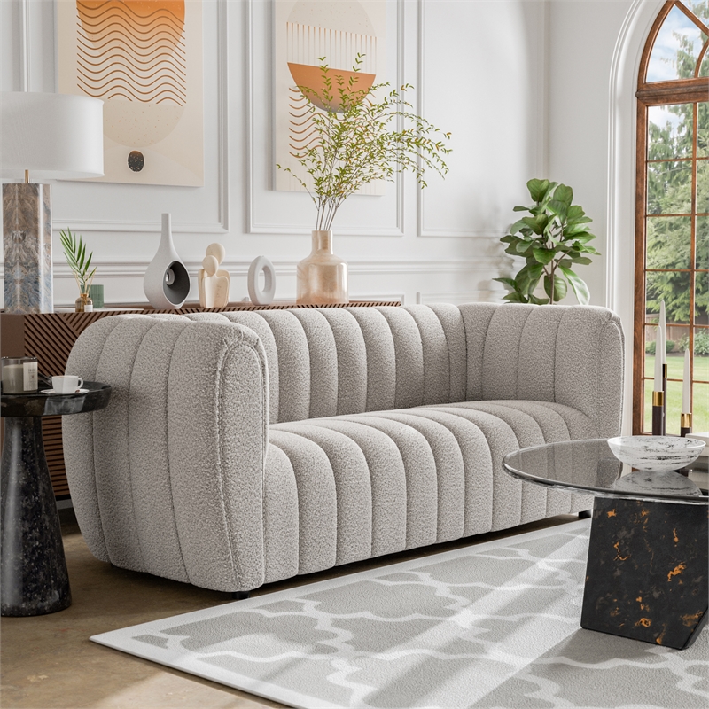 Bowery Hill Modern Boucle Fabric Channel Tufted Sofa in Off White