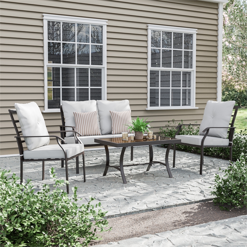 Bowery Hill 4-Piece Beige Outdoor Patio Metal Conversation Set