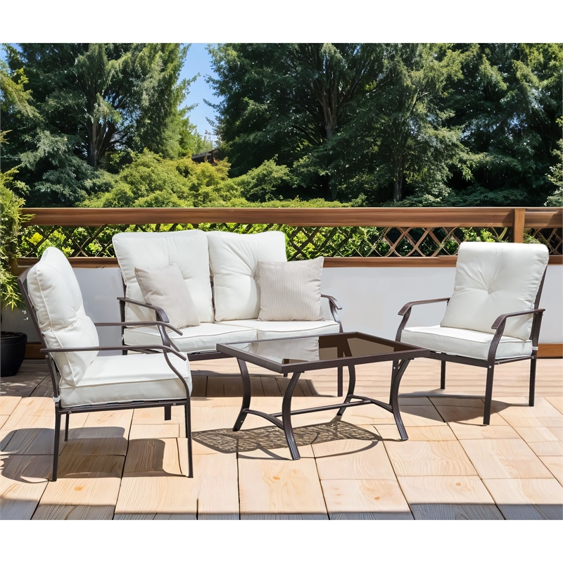 Bowery Hill 4-Piece Beige Outdoor Patio Metal Conversation Set