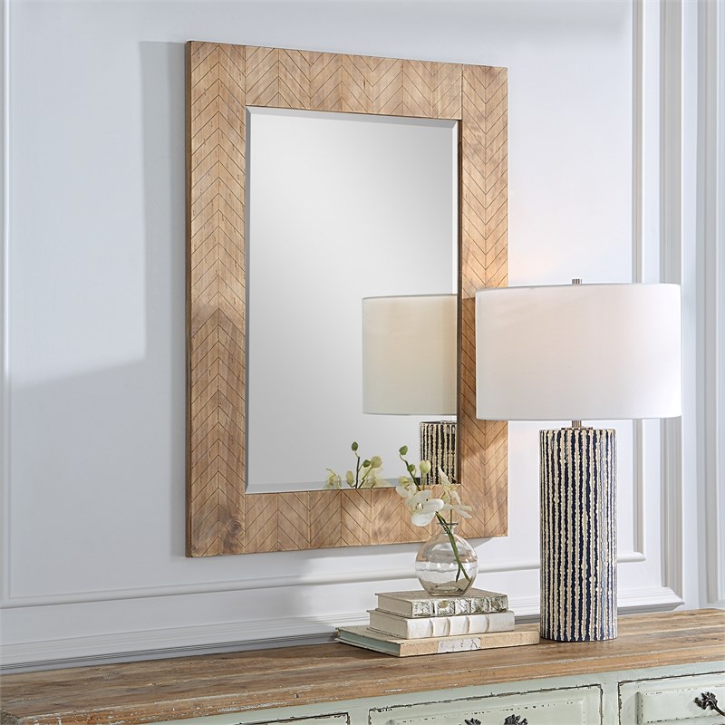 Bowery Hill Chevron Pattern Coastal MDF Wood Mirror in Natural
