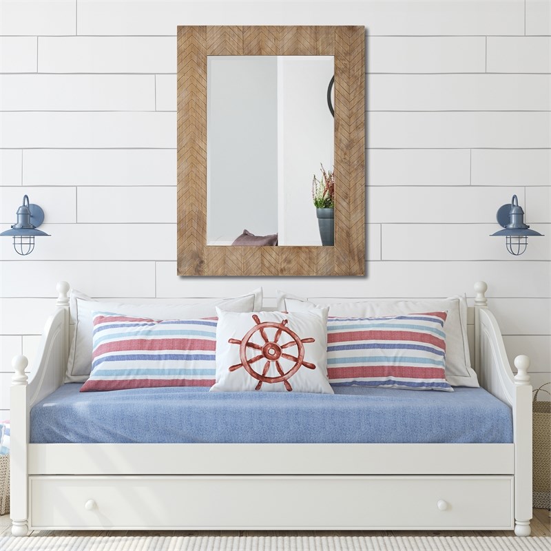 Bowery Hill Chevron Pattern Coastal MDF Wood Mirror in Natural