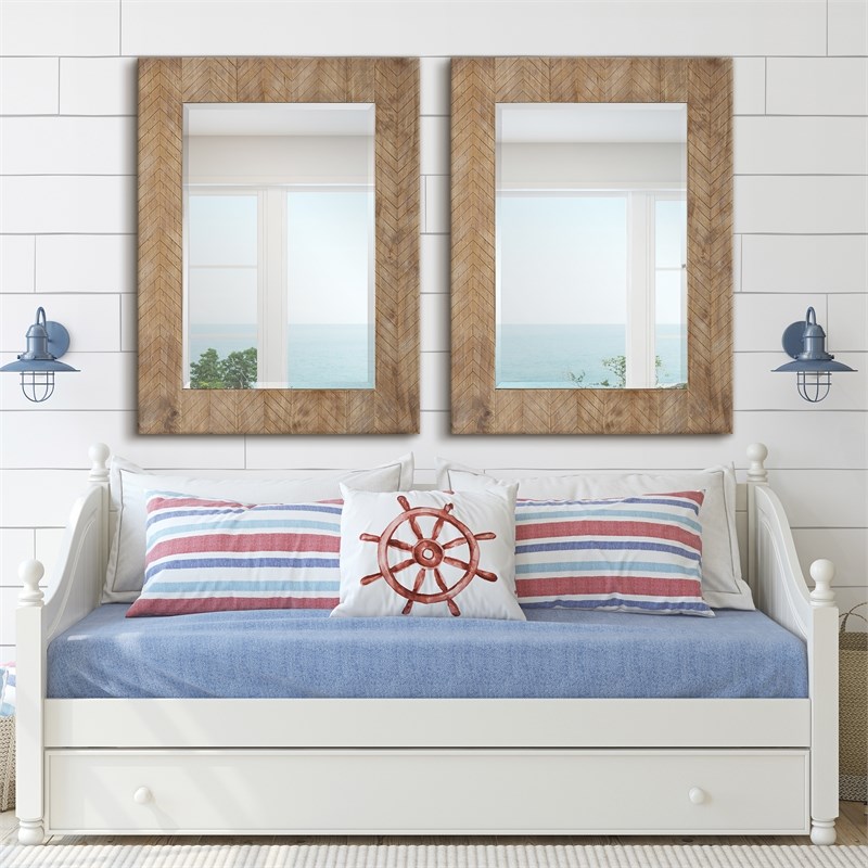 Bowery Hill Chevron Pattern Coastal MDF Wood Mirror in Natural