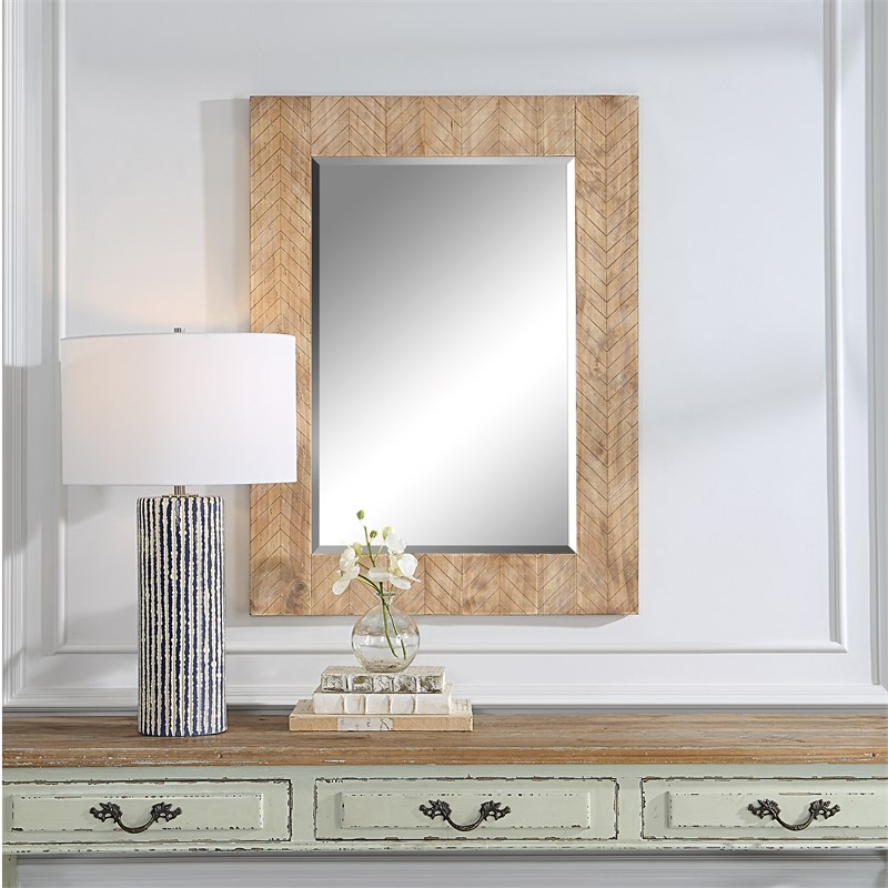 Bowery Hill Chevron Pattern Coastal MDF Wood Mirror in Natural