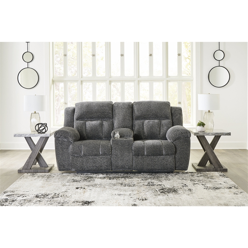 Bowery Hill Contemporary Polyester Gray Reclining Loveseat with Console