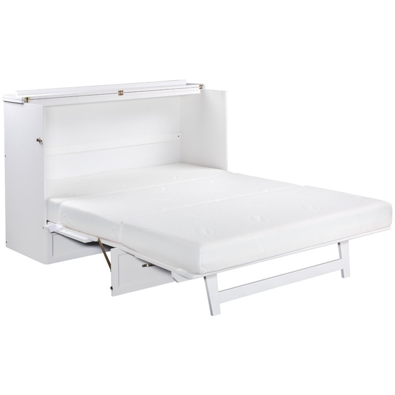Bowery Hill Queen Solid Wood Modern Murphy Bed Chest with Mattress in White