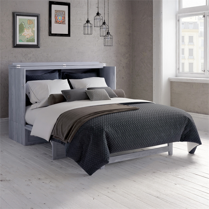 Bowery Hill Queen Solid Wood Modern Murphy Bed Chest with Mattress in Driftwood