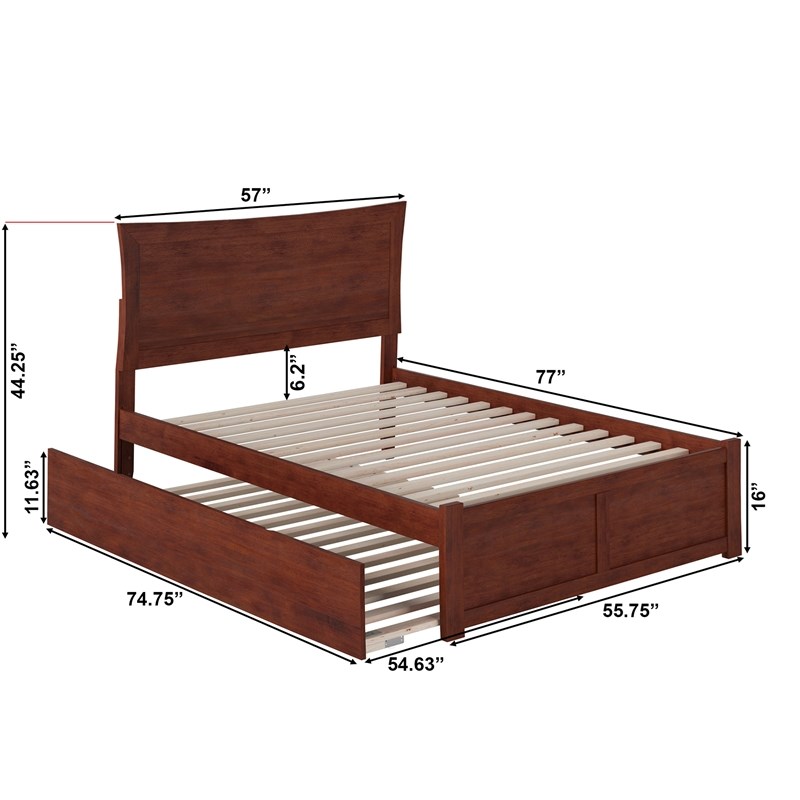 Bowery Hill Full Solid Wood Bed with Twin Trundle and USB Charger in Walnut
