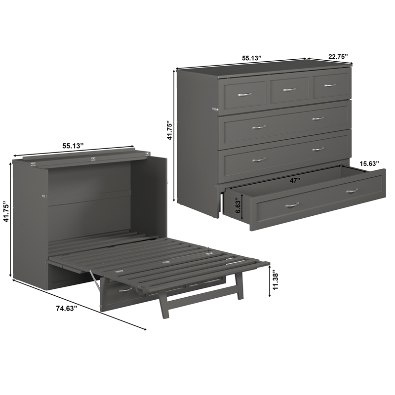 Bowery Hill Full Solid Wood Modern Murphy Bed Chest with Mattress in Gray