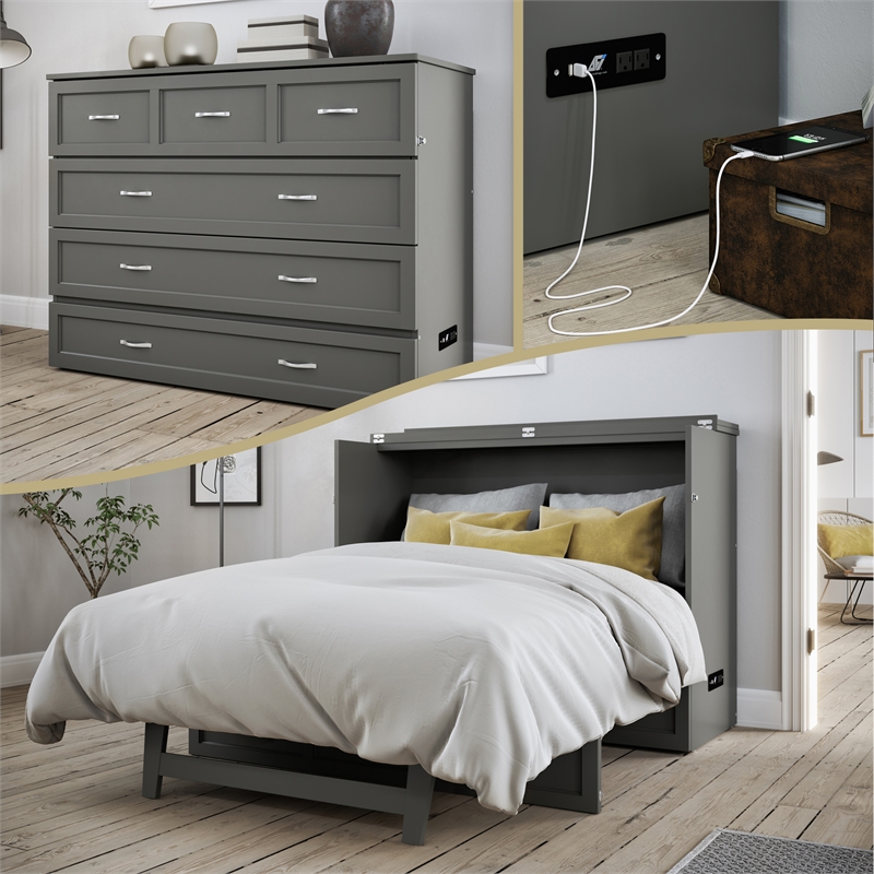 Bowery Hill Full Solid Wood Modern Murphy Bed Chest with Mattress in Gray