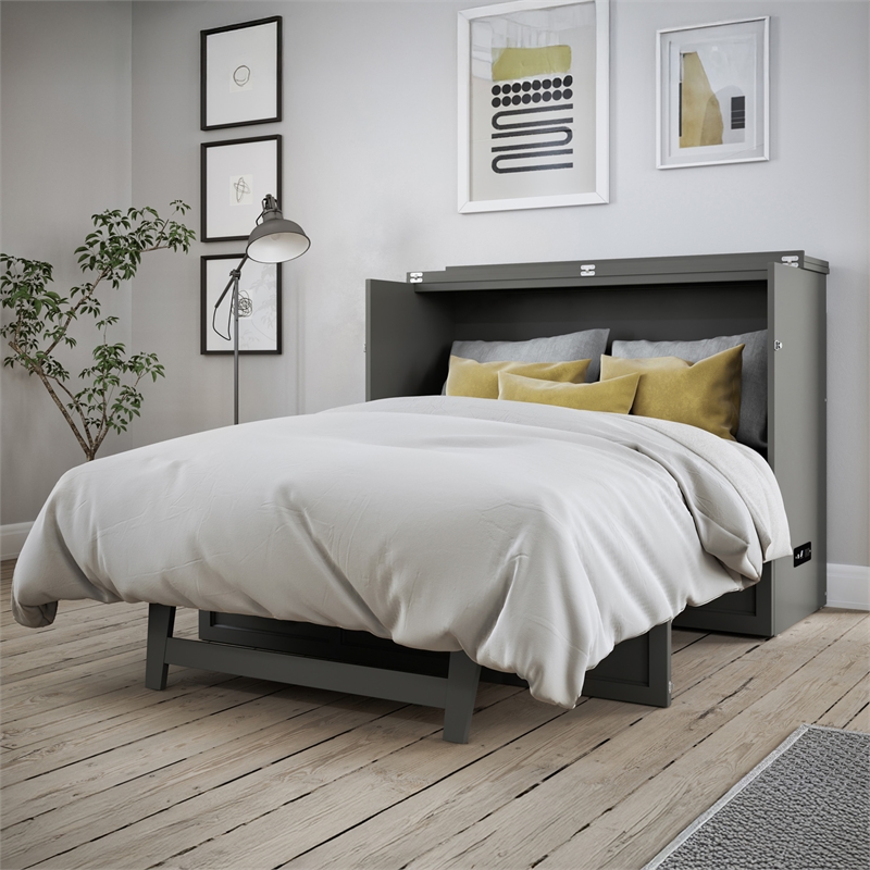 Bowery Hill Full Solid Wood Modern Murphy Bed Chest with Mattress in Gray