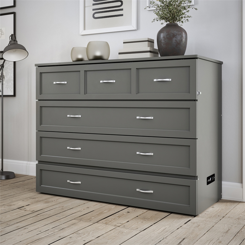 Bowery Hill Full Solid Wood Modern Murphy Bed Chest with Mattress in Gray