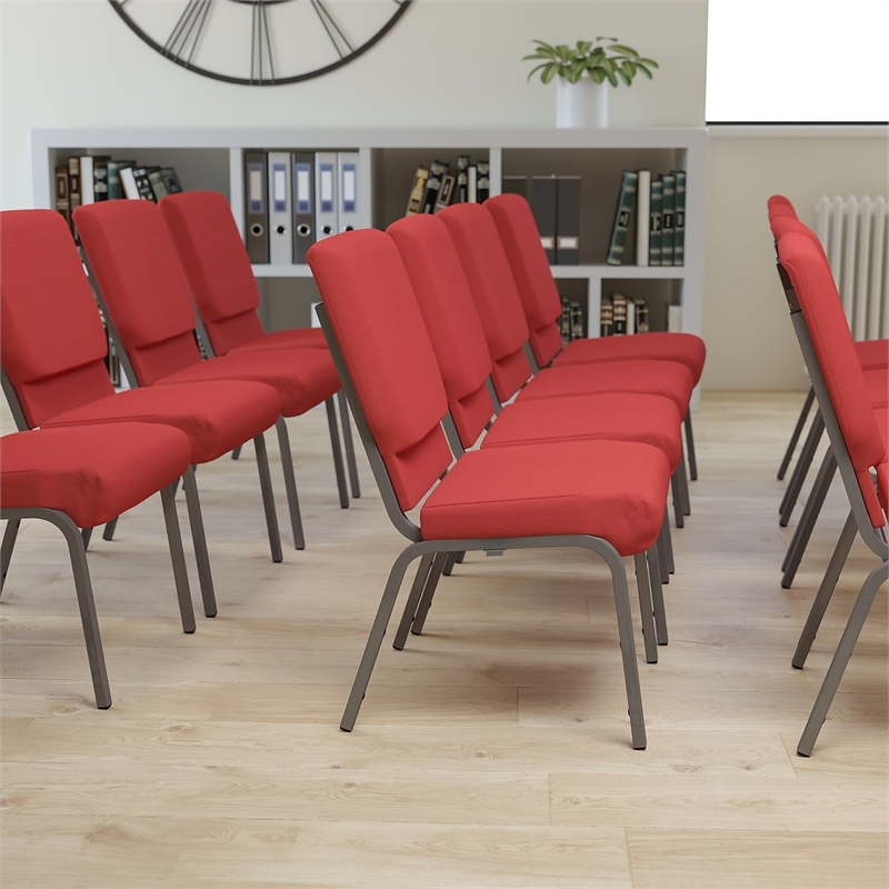 Bowery Hill Modern Fabric Church Chair in Red and Silvervein
