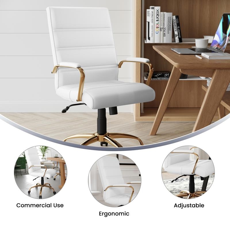 Bowery Hill Mid Back Leather Office Swivel Chair in White and Gold