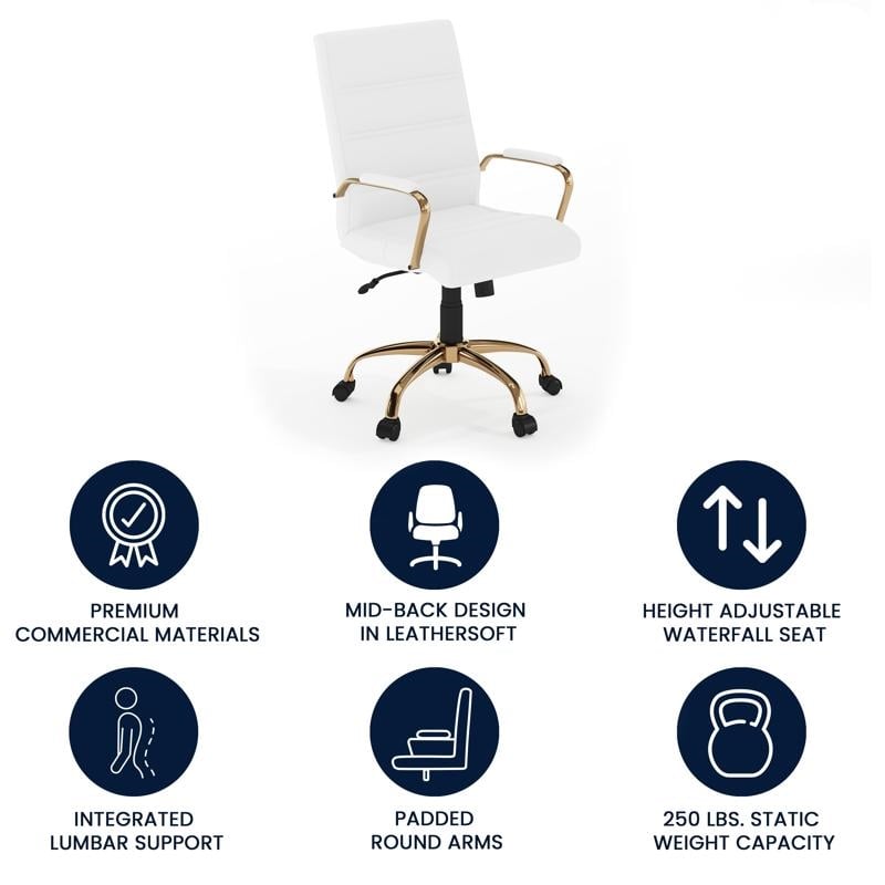 Bowery Hill Mid Back Leather Office Swivel Chair in White and Gold