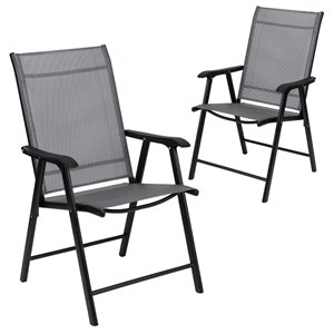 Bowery Hill Folding Portable Patio Sling Chair in Black (Set of 2)
