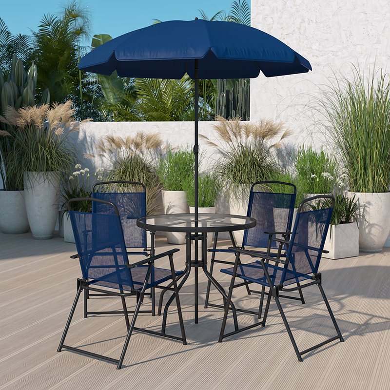 Bowery Hill 6PC Plastic Patio Umbrella Table & Chairs Set in Navy