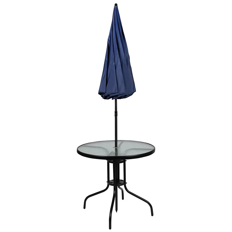 Bowery Hill 6PC Plastic Patio Umbrella Table & Chairs Set in Navy