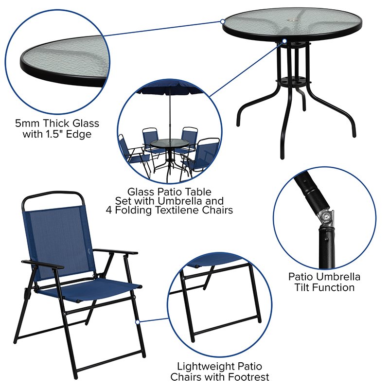 Bowery Hill 6PC Plastic Patio Umbrella Table & Chairs Set in Navy