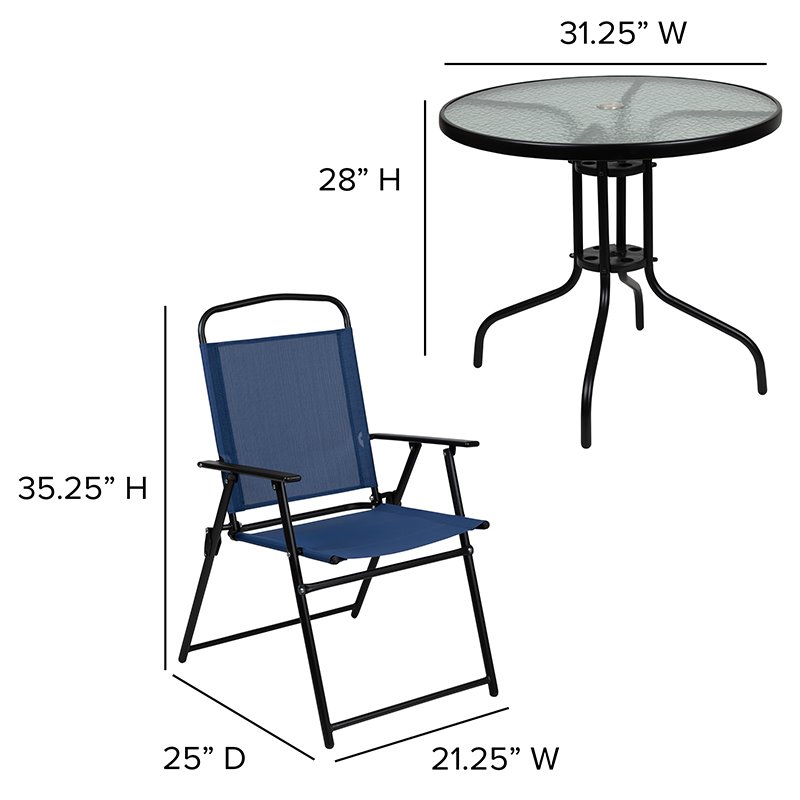 Bowery Hill 6PC Plastic Patio Umbrella Table & Chairs Set in Navy