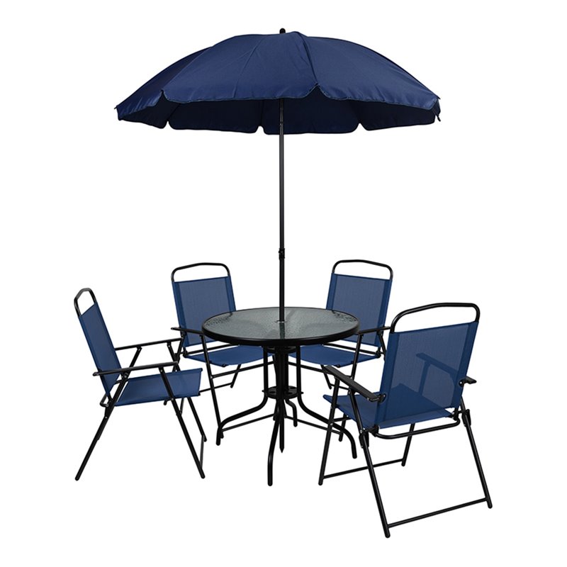 Bowery Hill 6PC Plastic Patio Umbrella Table & Chairs Set in Navy